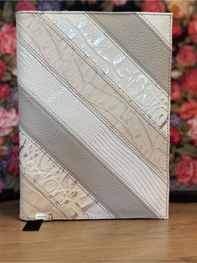 Brahmin Diagonal Patchwork Notebook Cover in Gray and Cream